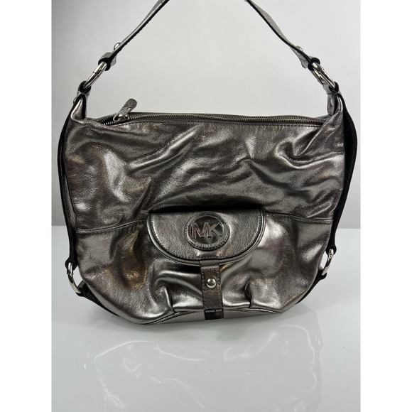 Michael Kors Logo Silver Metallic Leather Handbag Purse - Picture 1 of 10